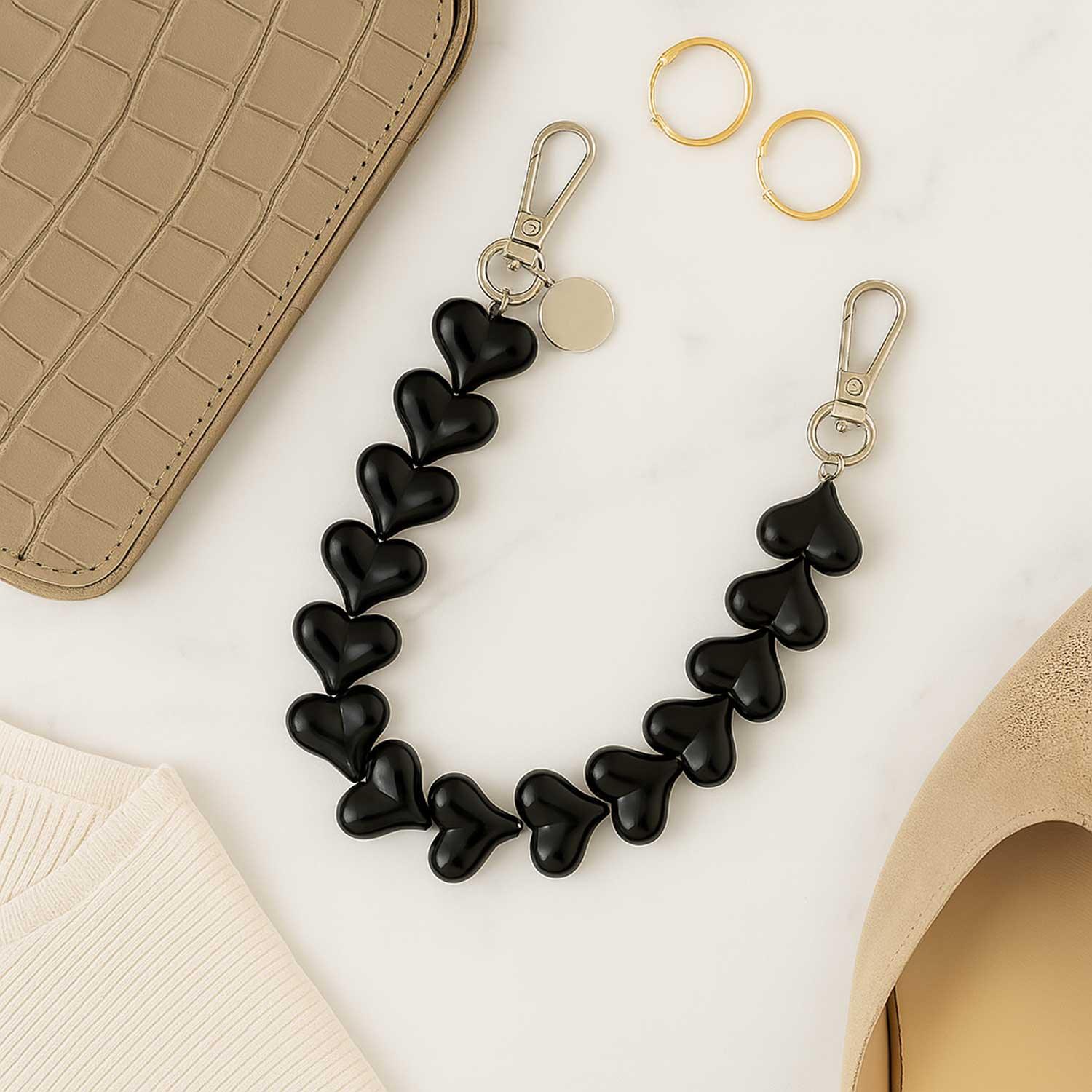 Telefoonkoord Heart - effen zwart - zilver