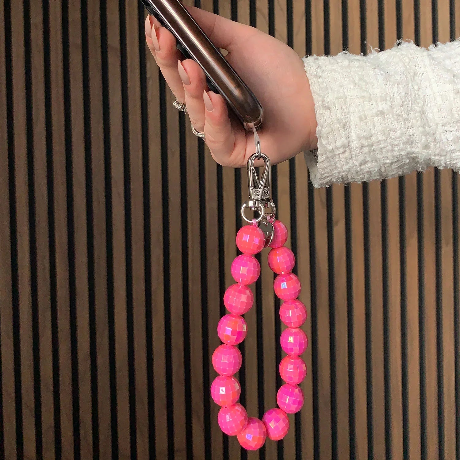 Telefoonkoord disco - roze - zilver
